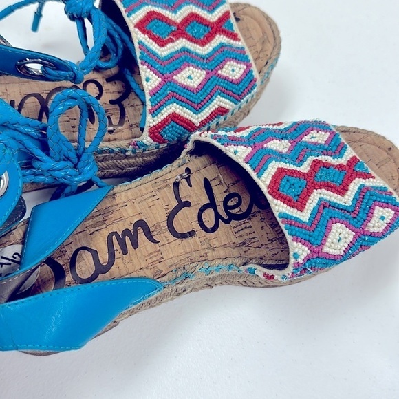 SAM EDELMAN "NEERA"  BLUE & RED BEADING ESPADRILLE WEDGES SZ 6.5 BOHO COASTAL - Picture 12 of 13